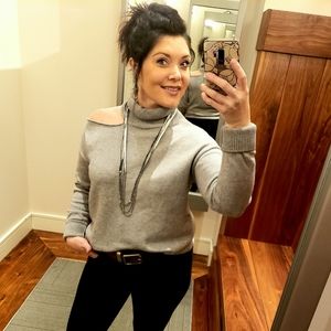 Gray cold shoulder turtleneck sweater